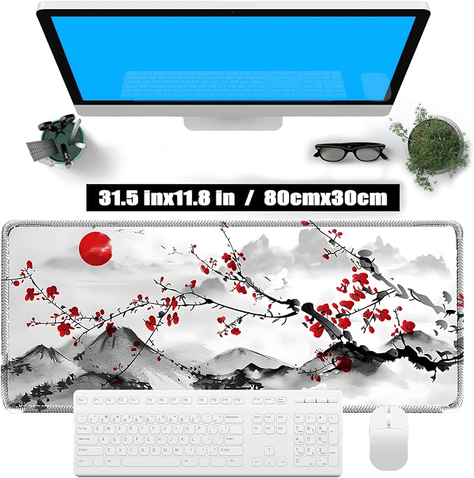 Japanese Sakura Mouse Pad, Red Moon, 31.5x11.8 Inch White deskmat | Anime Desk Mat, Large, Non-Slip Rubber Base, Waterproof, Stitched Edges