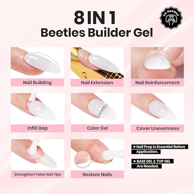 Beetles Builder Gel Nail Kit with Base and Top Coat 15ml – HEMA Free Milky White Builder Gel with Nail Art Liner Brush, Soak Off UV LED Gel for Nail Strengthening, Extension & Long Lasting Manicure