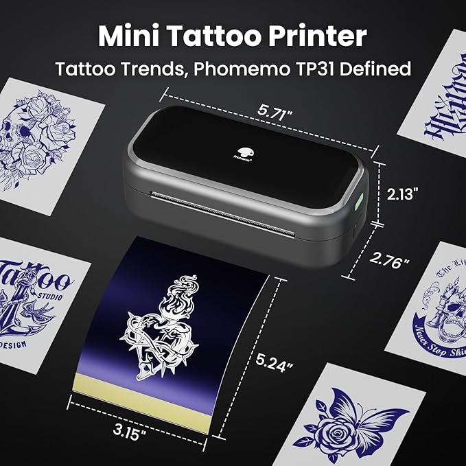 Phomemo TP31 Mini Tattoo Stencil Printer,Bluetooth Tattoo Printer with 30pcs Transfer Paper,Tattoo Machines Printers for Tattoo Beginners & Artists Temporary Tattoo Maker