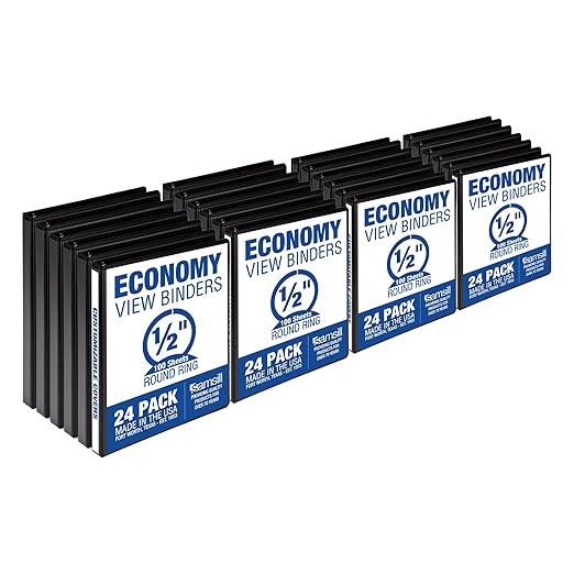 Samsill 0.5 Inch 3 Ring Binders, Economy Round Ring, Clear View Cover, 100 Sheet Capacity - for School, Home, Office - Black, 24 Pack