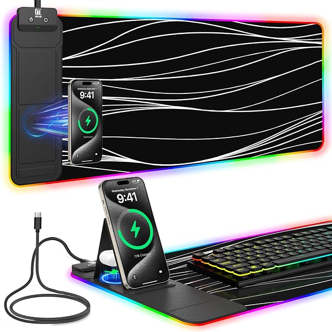 Mouse Pad with Foldable Phone Holder & Wireless Charger, XL RGB Gaming Mousepad 31.5"x11.8" Large Desk Mat for Keyboard, Home Desk Pad with Dual Qi Charging Station | 11 Colors & 5 Modes | Waterproof