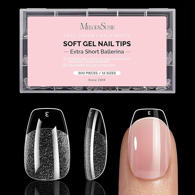 MelodySusie Extra Short Ballerina X Nail Tips - 300Pcs 15 Sizes Clear Acrylic, Half Matte Full Cover Press on Nails for DIY Extension & Salon Use,Pre-Shaped for Long-Lasting Manicure
