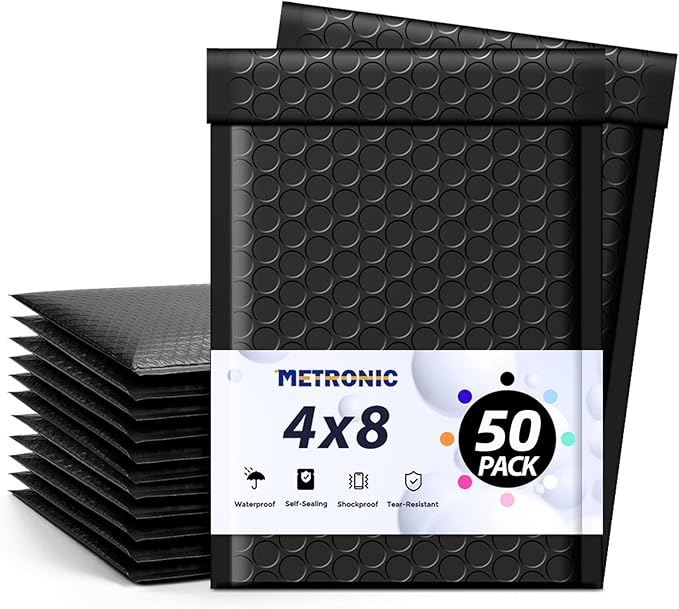 Metronic 4x8 Inch Bubble Mailer 50 Pack,Black Bubble Mailers, Waterproof Self Seal Adhesive Shipping Bags,Padded Envelopes for Shipping, Mailing, Packaging, Bulk #000, Bubble Mailers Usable Size 4x7