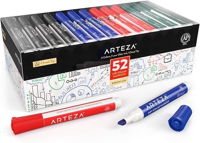 ARTEZA Dry Erase Markers, 52-Pack, Chisel Tip, 4 Assorted Colors, Low-Odor Ink for Whiteboards, Classroom, Office, or Home Use