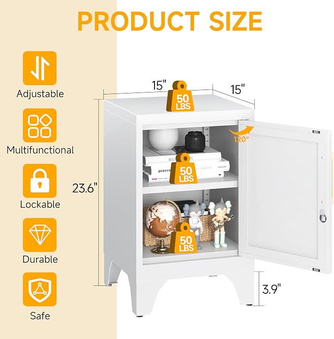 23.6" H Metal Locker Nightstand Set of 2,White Locking Night Stand with Door and Adjustable Shelf, Small Locker Cabinet with Detachable Legs for Home Office,Living Room or Bedroom,Easy Assembly