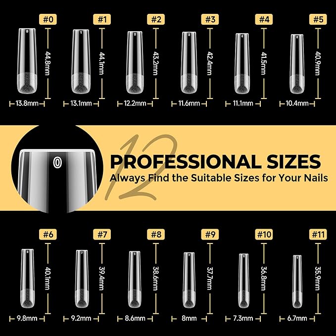 UNA GELLA Extra Long Tapered Square Nail Tips, Pre-buffed 240Pcs Square Gel Nail Tips No C Curve XXL Long Press on Nails Full Cover Straight for Nails Extension Home DIY Salon 12 Sizes