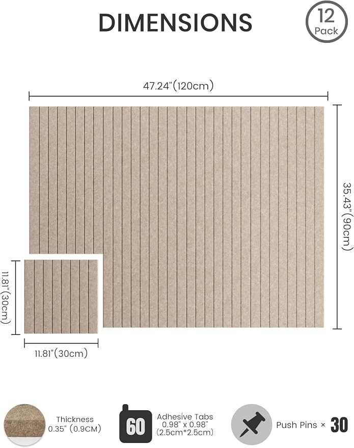 Bumusty 48"x 36" Large Felt Bulletin Board Tiles, Taupe | 12-Pack Cork Board Alternative, Wall Decor, 30 Pushpins, 60 Adhesive Tabs, Vision Board, Office, Classroom, Home, Dorm
