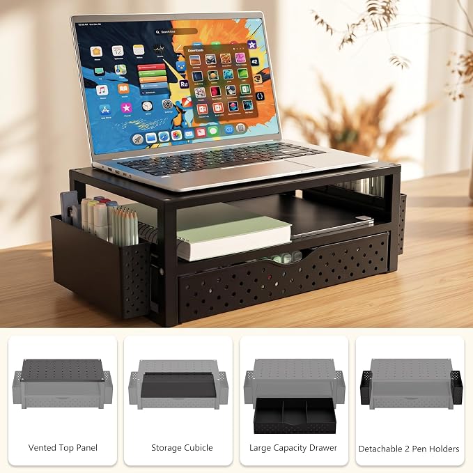 WALI Monitor Stand Riser with Drawer and 2 Pen Holders | Desk Organizers and Accessories for Computer, Printer, Laptop Stand for Home Office Supplies, (PTT004-B), 1 Pack, Black