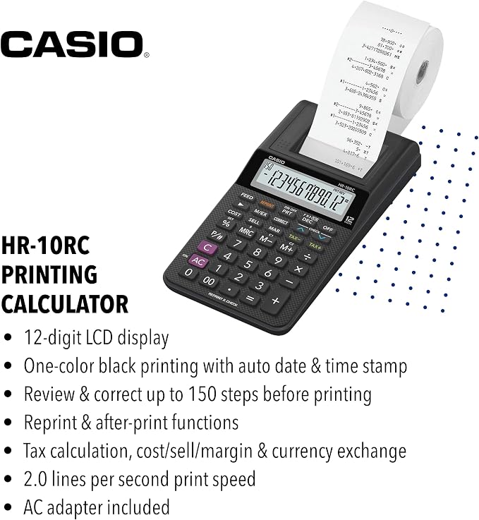Casio HR-10RC Mini Desktop Printing Calculator, Black | Portable, 12-digit display, one-color printer, tax & currency; ideal for bookkeeping