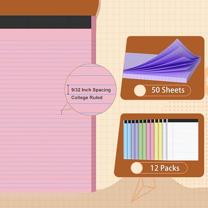 Legal Pads 8.5 X11, Narrow Ruled Notepads, 12 Pack, 50 Sheet/Pad, Colored Legal Pads, Tear Off Notepad, Perforated Writing Pad, Notebook Paper College Ruled, Notepads for Office Home School, Notepad
