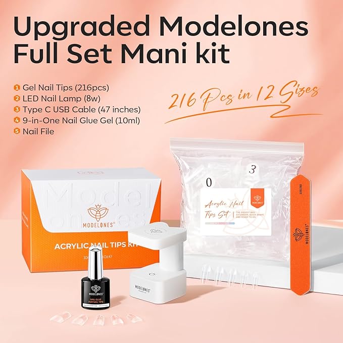modelones X Nail Gel Kit Kit Medium Square, 9-in-One Nail Glue with Portable U V Lamp 216Pcs 12Sizes Pre-Etched Press ons Fake Acrylic Extension Kit DIY Salon Gift for Women