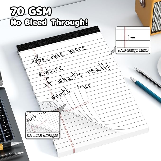 6 pcs Note Pads Legal Pads 5x8, Notebook College Ruled, White Notepads | Glyanlee 6 Pack Micro Perforated Writing Pads, Small Lined Paper Pads, Pad of Paper for Office Home School