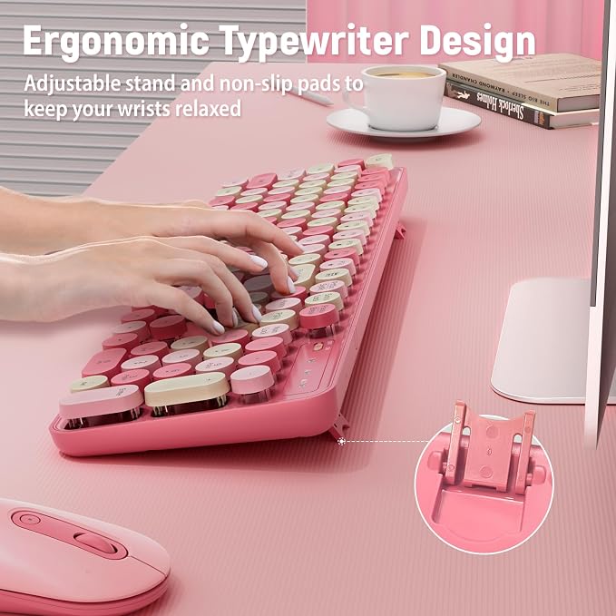 Wireless Keyboard and Mouse, Full-Sized Typewriter Keyboard Silent, Pink | USB Full-Sized Quiet Keyboard, Cute Colorful Round Keycaps, Plug & Play, Compatible with PC, Computer, Laptop
