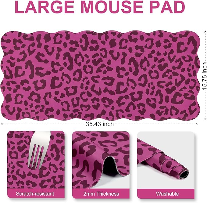 L-SPOUTTO Hot Pink Leopard Mouse Pad,Scalloped Desk Mat XXL Gaming Mousepad | Cheetah Large 35.4x15.7in Non-Slip Rubber Base Keyboard Pad Waterproof Desktop Mat for Laptop Computer Game Home Office