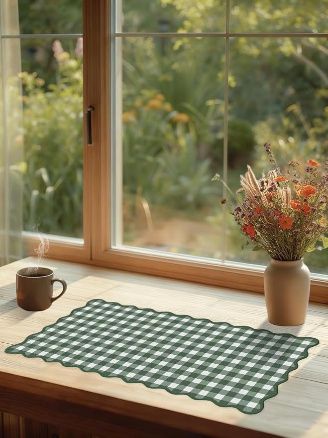 Forest Green Scalloped‌ Pink Checkered Gingham Desk Mat Cute Pastel Large Mouse Pad Kawaii Cottagecore ‌Vintage‌ Girly Laptop Keyboard Computer Mat Pad Aesthetic Cozy Office Desk Decor for Women