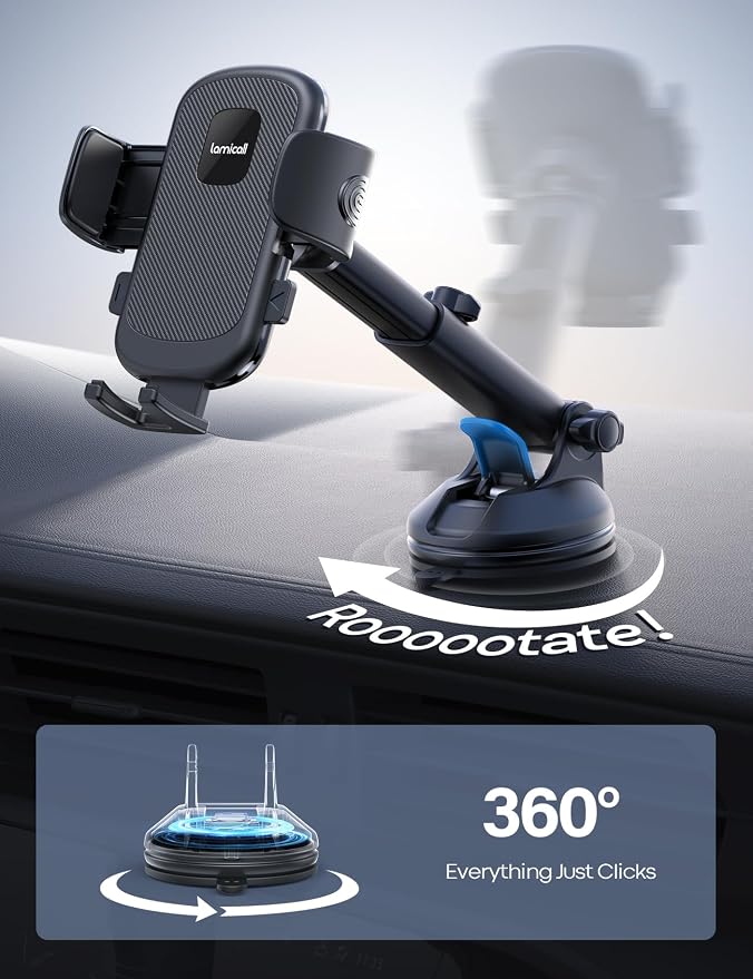 Lamicall Car Phone Holder Military-Grade Suction Cup Dashboard Windshield | 360° Rotation Phone Holders for Your Car, Quick Release Adjustable Phone Mount for Car for iPhone 17 16 15 Pro Max Dark Grey