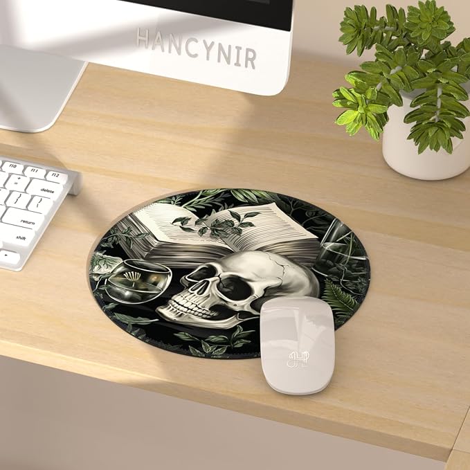 Hancynir Funny Skull Round Mouse Pad, Small Mousepad for Office Desk Decor | Mouse Mat for Computer, Non-Slip Rubber Base, Office Desk Decor, Gifts for Work Coworker Teacher, 8.6 Inch, Stitched Edges