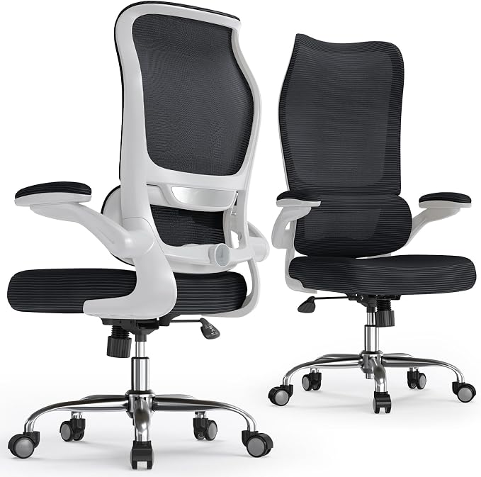 TRALT Office Chair Ergonomic Desk Chair - Gaming Chair with Lumbar Support | 330 LBS Home Office Desk Chairs , Reading Chair with Flip-up Armrests, Comfortable Computer Chairs (1, White Black)