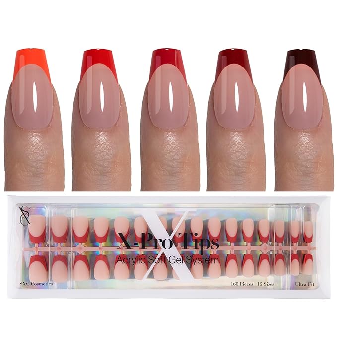 SXC Cosmetics French Tip Press On Nails 150 Pieces in 15 Sizes Ultra Fit with Pre-applied Tip Primer and Base Coat, No Need to File Fake Nails for Nail Art DIY X-Pro Tips (5RED119-S Coffin)