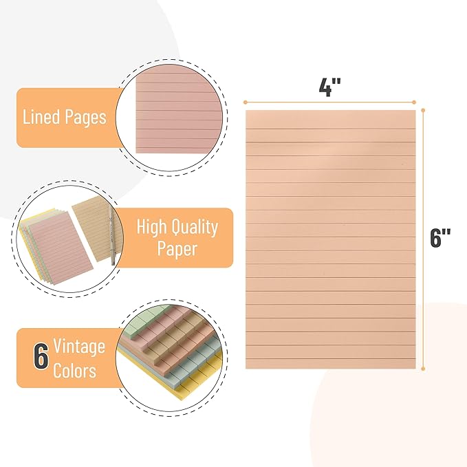 Mr. Pen- Lined Sticky Notes 4x6, 6 Pads, 45 Sheet/Pads, Vintage Colors, Colorful Sticky Notes with Lines, Sticky Note Pads, Mr Pen Sticky Notes, Stocky Notes for Bible Journaling
