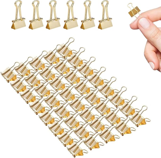 Mini Binder Clips, 120 Pack, 5/8 Inch, Standard 15mm, Gold, Paper Clips, Fold Clamp, Capacity 0.23 Inch, Office Supplies, with mini stroage Boxes