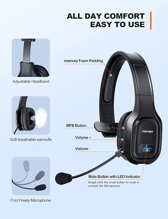 TECKNET Trucker Bluetooth Headset, AI Noise Canceling Mic, Wireless On-Ear | AI Noise Canceling Mic reduces background noise for clear calls. Wireless hands-free headset for truckers and office use.