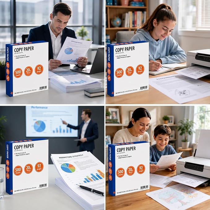 Copy Paper, 8.5" x 11", 20 lb., 92 Bright, White, 1 Ream, 500 Sheets | 1 Ream, Letter Size, 20 lb. Bond Weight, 92 Brightness, 500 Sheets per Ream