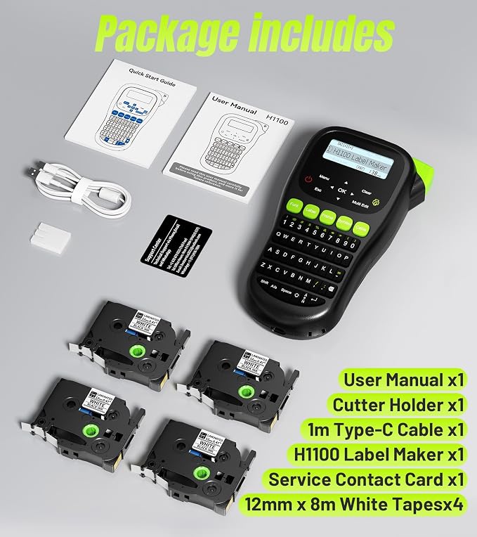 Label Maker Machine with 4 Tapes, Wire Label Maker Waterproof-Labels | Laminated Handheld Label Printer, Backlit & Portable & 3 Cable Mode, VolenGo H1100 Labeler for Industrial Office Organization