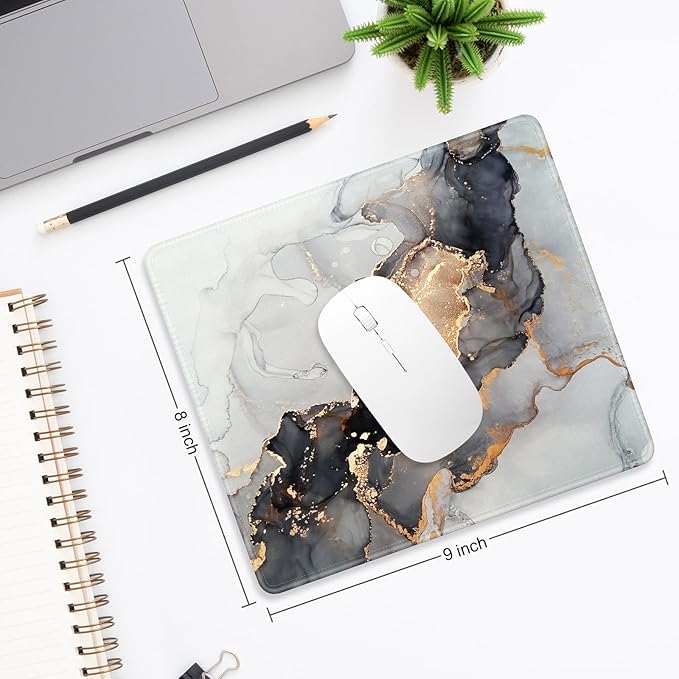Mouse Pad, Minimalism Marble Style Computer Pad, Anti-Slip Rubber Mouse Mat with Stitched Edges for Gaming, Office, Laptop, PC, Women, 9" x 8" Thick 3 mm, Gray Gold Marble