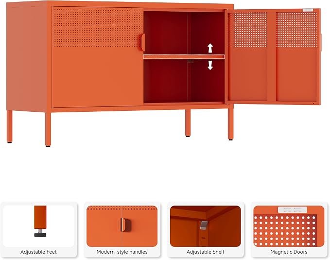 Metal Storage Cabinet,2 Door TV Stand, Metal Mesh Accent Cabinet | Magnetic Door Closure,Low Storage Cabinets with Doors and Shelf for Home,Office,Living Room