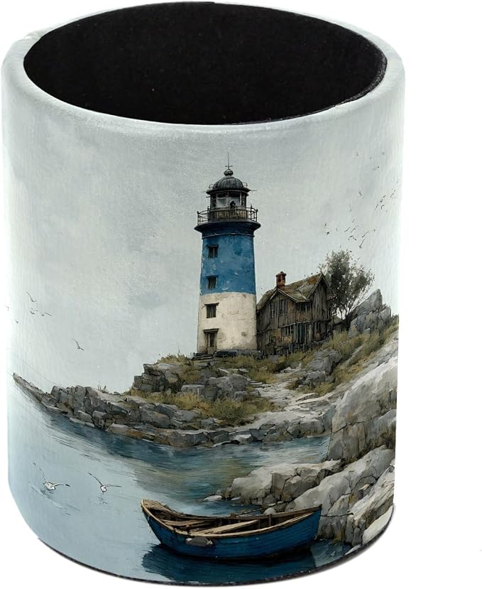 Leather Pen Holder for Desk, Coastal Lighthouse Pencil Cup Pen Organizer Makeup Brush Holder for Office Home Kids Countertop Desk Accessory Storage