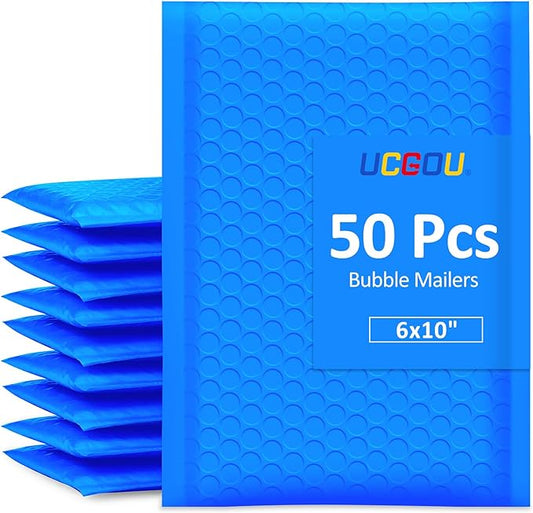 UCGOU Bubble Mailers 6x10 Inch Blue Usable Size 6x9 Bubble Mailer 50 Pack Poly Padded Envelopes Small Business Opaque Self Seal Adhesive Waterproof Boutique Shipping Bag for Jewelry Makeup Supplies #0