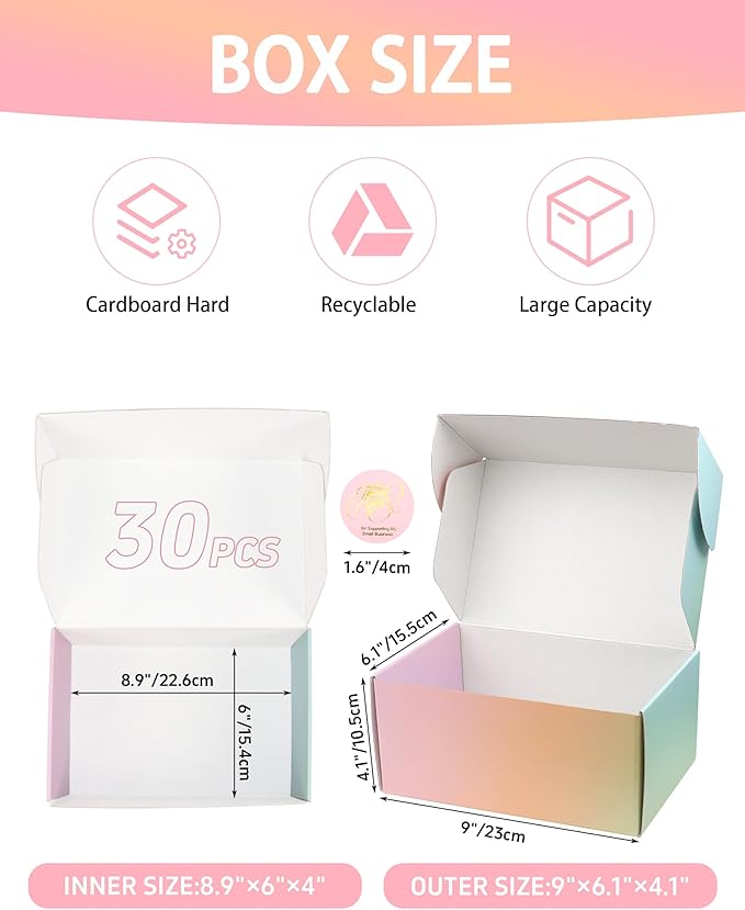 9x6x4 Inch Colored Shipping Boxes, 30 Pack Corrugated Cardboard Box, Mailer Packaging Boxes for Shipping & Storage
