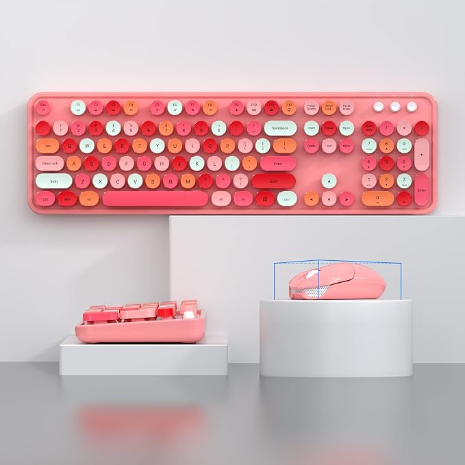 KNOWSQT Wireless Keyboard and Mouse Combo, Pink 104 Keys Full-Sized 2.4 GHz Round Keycap Colorful Keyboards, USB Receiver Plug and Play, for Windows, Mac, PC, Laptop, Desktop