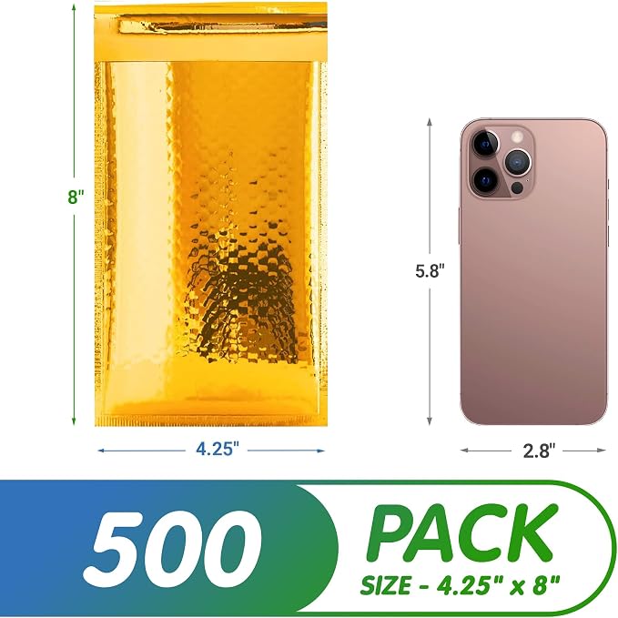 Glamour Metallic Bubble Mailers 5 x 9 Inches Gold, 500 Pack Padded Envelopes for Shipping, Mailing, Packaging Protection