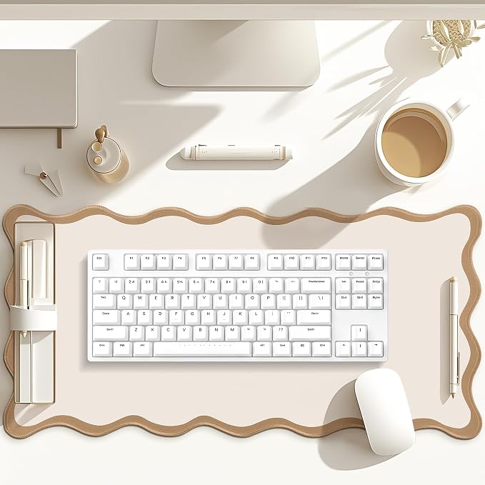 Hahafelt Scalloped Desk Mat Waterproof,Beige,23.6 X 13.8 Inches | Coquette Preppy Style for School Office Makeup Vanity, Nonslip Gaming Desktop Protector with Scalloped Stitched Edge Mat