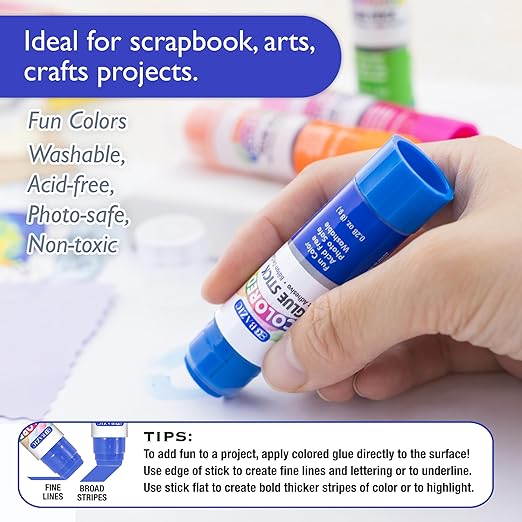 BAZIC Products Washable Colored Glue Stick 8g/0.28 Oz, All Purpose Acid Glue Sticks for Kids Photos Paper Kids at School Home Office (4/Pack), 144-Pack