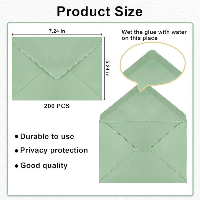 200 Pack A7 Envelopes, Sage Green Greeting Card Envelopes Self Seal, 5.24 x 7.24 in Envelopes for Birthday Graduation Baby Shower Wedding Invitation Cards