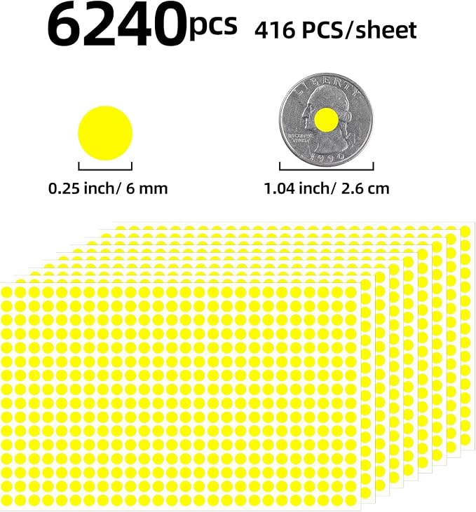 1/4" Small Colored Dot Stickers 6240 PCS Round Circle Stickers Tiny Yellow Coding Labels Mini Sticker for Office,Classroom(Yellow, 1/4" (6 mm))