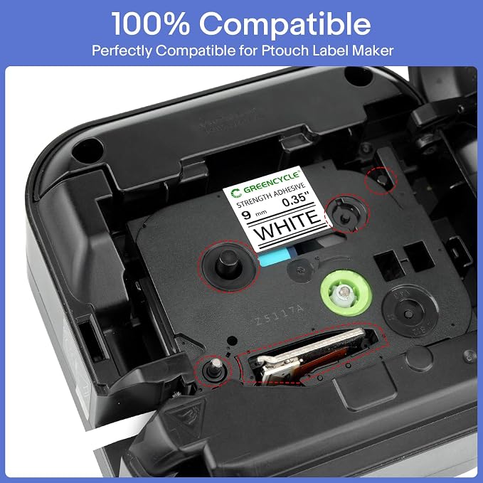 GREENCYCLE Extra Strength Label Tape TZe-S221 9mm 0.35" Laminated White Compatible for Brother P-Touch TZeS221 TZ-S221 TZe TZ 3/8 inch Black on White Label Tape for PT-D200 PT-D210 PT-D220, 20 Pack