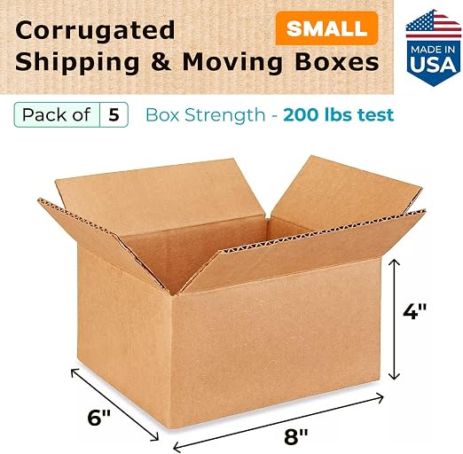 IDL Packaging - B-864-5 Small Corrugated Shipping Boxes 8"L x 6”W x 4"H (Pack of 5) - Excellent Choice of Sturdy Packing Boxes for USPS, UPS, FedEx Shipping | Extra Strength 200 lb vs Regular - Corrugated Boxes for Packaging Moving Stuff - Small Shippi...