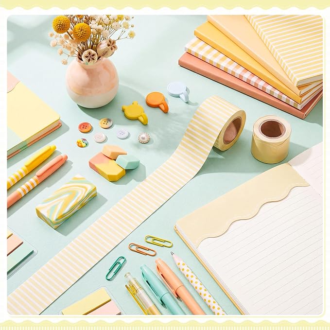 2 Rolls 65.6ft Marcaron Yellow Striped Bulletin Board Borders Decoration Scalloped and Straight Edge Yellow Bulletin Borders Board Trim for Office School Classroom Chalkboard Party Decoration