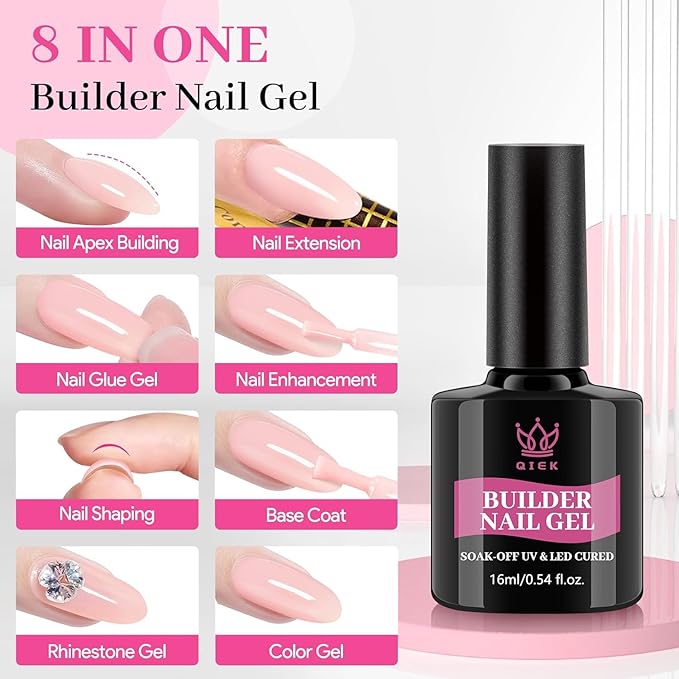 Gel Nail Polish Builder, 8-in-One Builder Pink Nail Polish Strengthener Glue Apex Enhancement Extension Hard Building Nude Gel LED Lamp Cured Rubber Base Coat for DIY Beginner & Salon Manicure