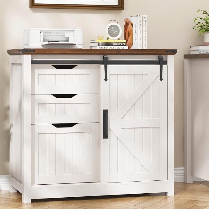 Halitaa Lateral Filing Cabinets with Adjustable Shelf, White | Farmhouse File Cabinet with Lock for Home Office, Filing Storage Cabinets with Sliding Barn Door for Hanging Files Letter/A4