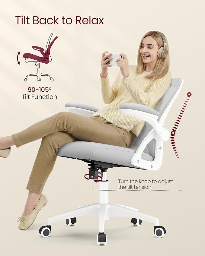 VASAGLE Ergonomic Mesh Office Chairs with Adjustable Lumbar Support, 90-105° Tilt Function, Wide Seat, Flip‑Up Armrests, Computer Desk Chairs for Home Office, Set of 2, Dove Gray