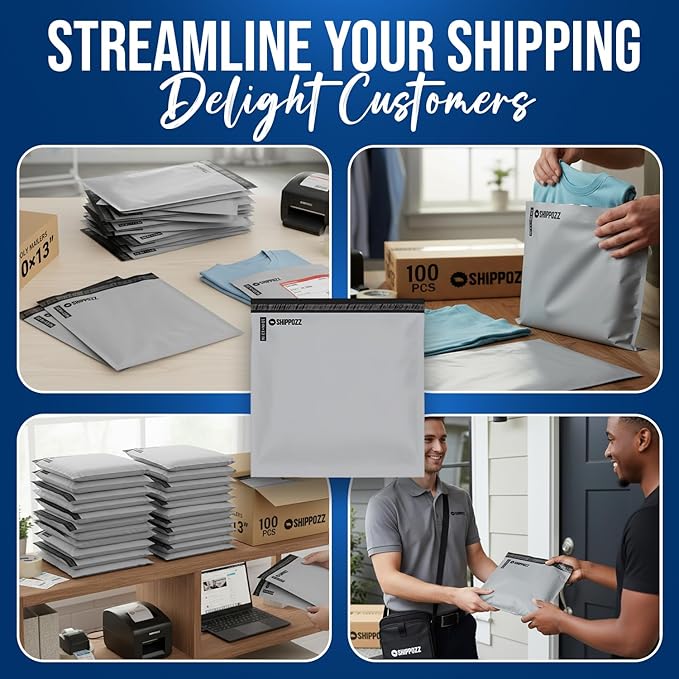 Shippozz 10x13 Poly Mailers 100 Pack, Durable Waterproof Polymailers for Shipping Clothes, Self Seal Mailing Bags for Small Business Packaging Supplies, Mailing Envelopes for Books, and Accessories