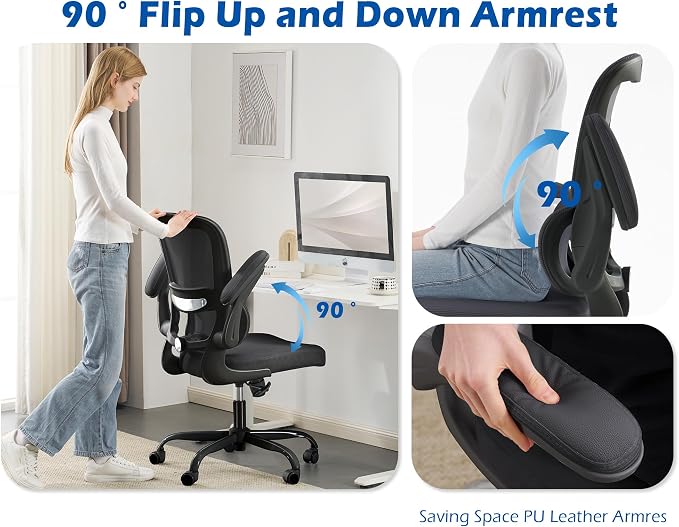 TRALT Ergonomic Office Chair Desk Chair with Adjustable Lumbar Support | Desk Chair Comfy with Flip-up Armrests Ergonomic Chair - Mesh Computer Chairs for Adults, 330lbs, PU Leather (Black, 4)