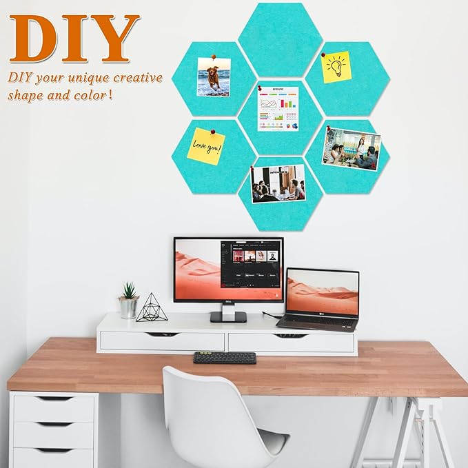 Large Hexagon Felt Cork Board Tiles, Self Adhesive DIY Felt Bulletin Board Pin Board with 35 Pushpins for Office School Home Wall Decor Stickers Memos Photos Display(Teal)
