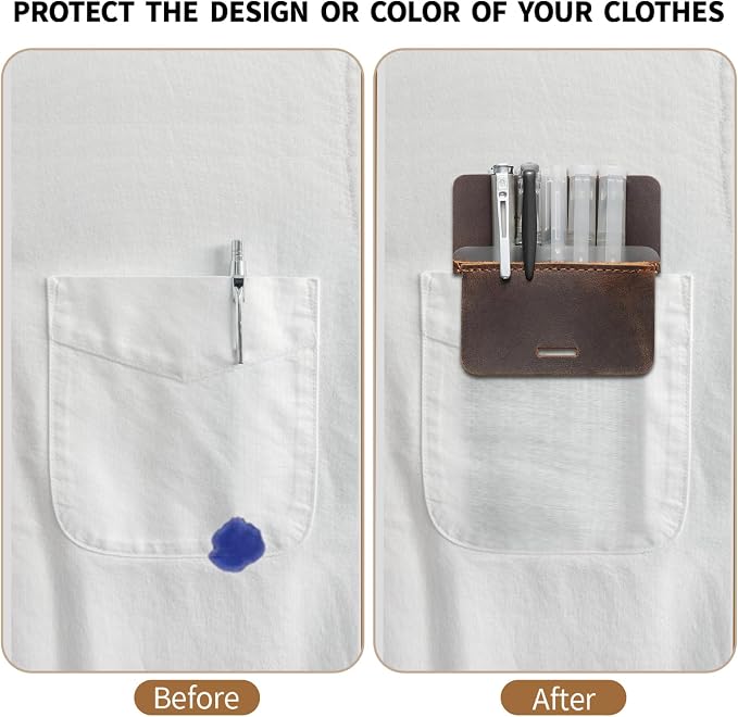 Pocket Protector for Men, Full Grain Leather Pen Protect Holder for Heavy Duty Shirts, Lab Coats, Holds Pens, Pointers, Cards, Hold 8 Pens, Pocket Protectors for Pens and Pencils
