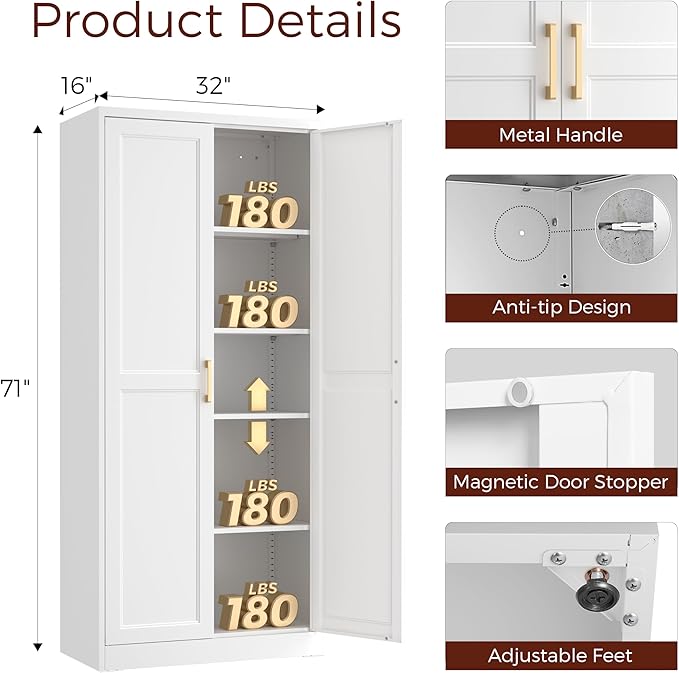 71" Tall Metal Kitchen Pantry Cabinet, Storage Cabinet with Doors | Kitchen Cabinet with 4 Adjustable Shelves, Food Pantry Cabinet, Cupboard for Kitchen,Dining Room, Living Room, Office, School